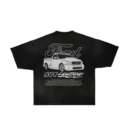 Back of Ford Lightning T-Shirt: Embrace the power and legacy of the SVT Lightning with this comfortable and stylish shirt. Ideal for enthusiasts, the design proudly features the iconic SVT Lightning logo, blending rugged durability with urban flair. Elevate your wardrobe with this tribute to the high-performance legacy of Ford Lightning. Alt text provided for accessibility