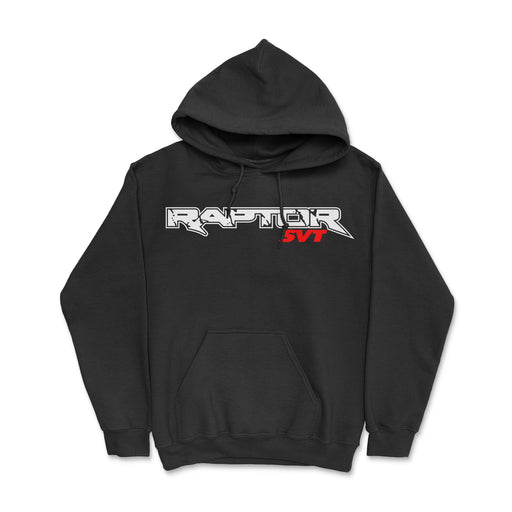 Image: A photo of a black hoodie with the Ford Raptor logo prominently displayed on the chest. The hoodie exudes a rugged vibe, perfect for outdoor activities or casual wear.
