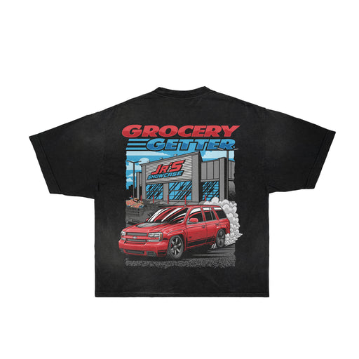Image: Jr's Showcase First Edition Trailblazer SS Shirt Alt Text: A stylish black shirt featuring a bold graphic design inspired by the iconic Trailblazer SS. The design pays homage to the "grocery getter" theme, embodying the spirit of automotive passion. Experience comfort and fashion with the Jr's Showcase First Edition Trailblazer SS Shirt, a must-have for those who appreciate high-performance vehicles.
