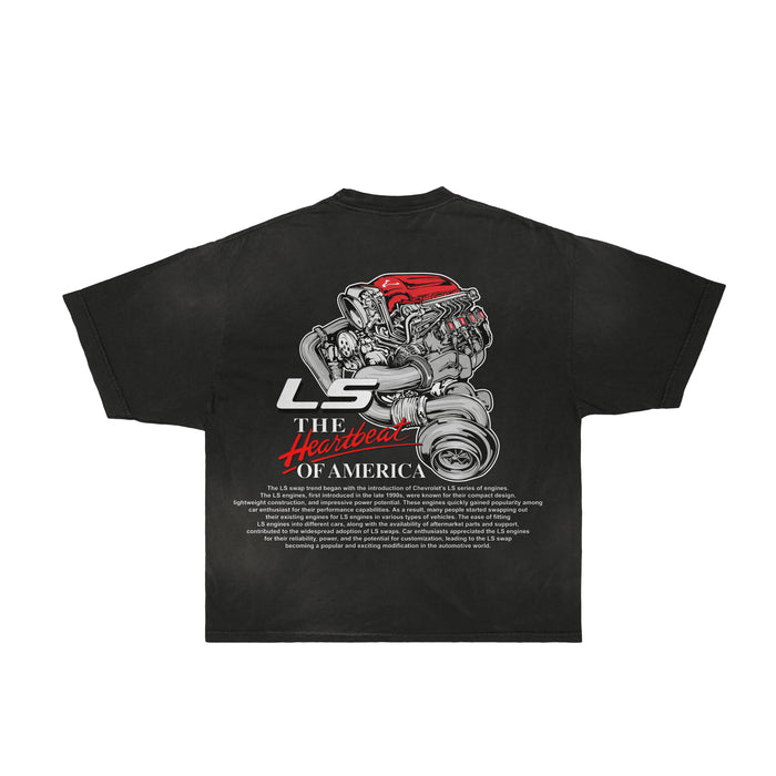 Back of LS swap graphic tee with engine and the heartbeat of America in writing